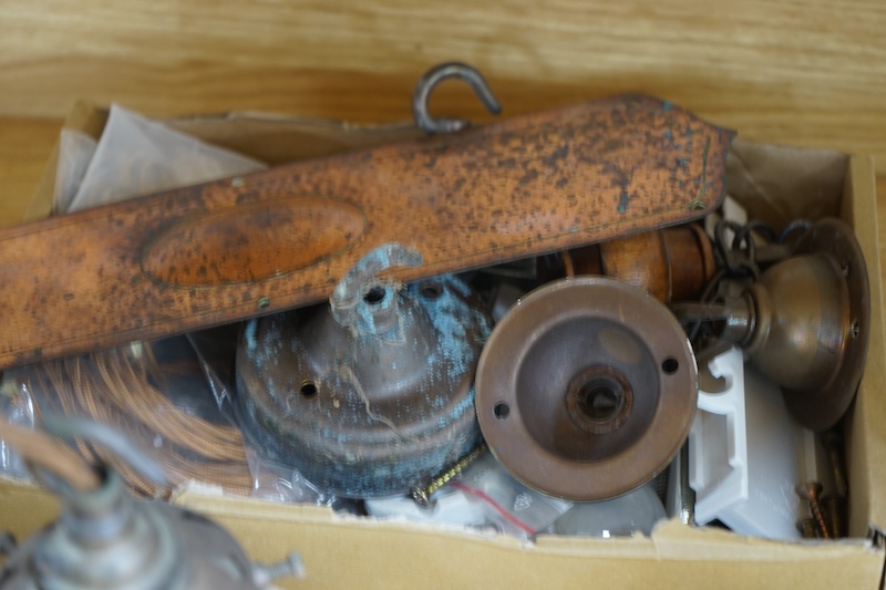 A copper hall lantern, other lighting and an Art Nouveau copper door plate. Condition - varies